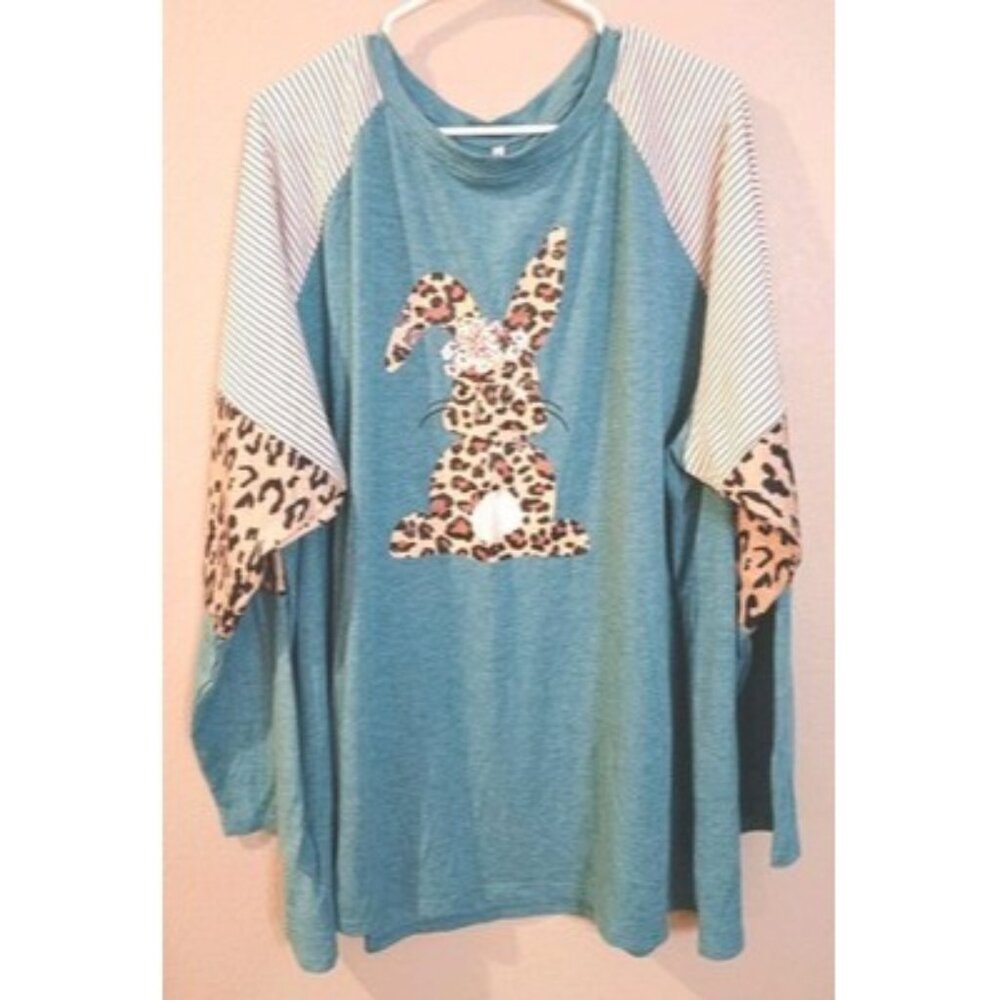 Women's Coquette Teal Bunny Top 4XL Shirt Leopard Flower Stripe Long Sleeve